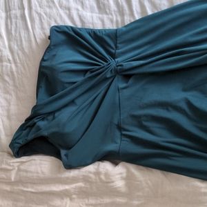 BHLDN floor length emerald green one shoulder gown